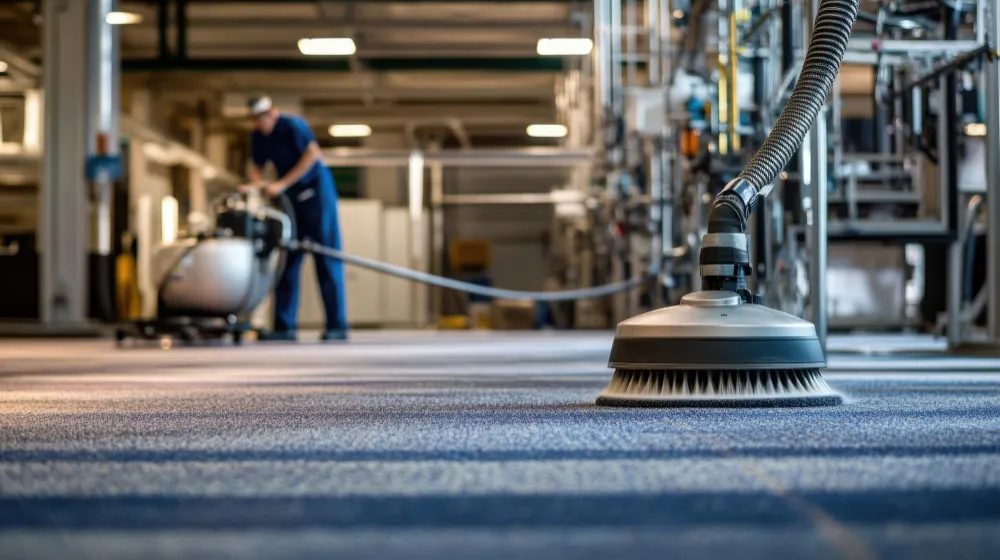 Mitarbeiter reinigt Produktionshalle mit Scheuersaugmaschine für saubere und sichere Arbeitswege.