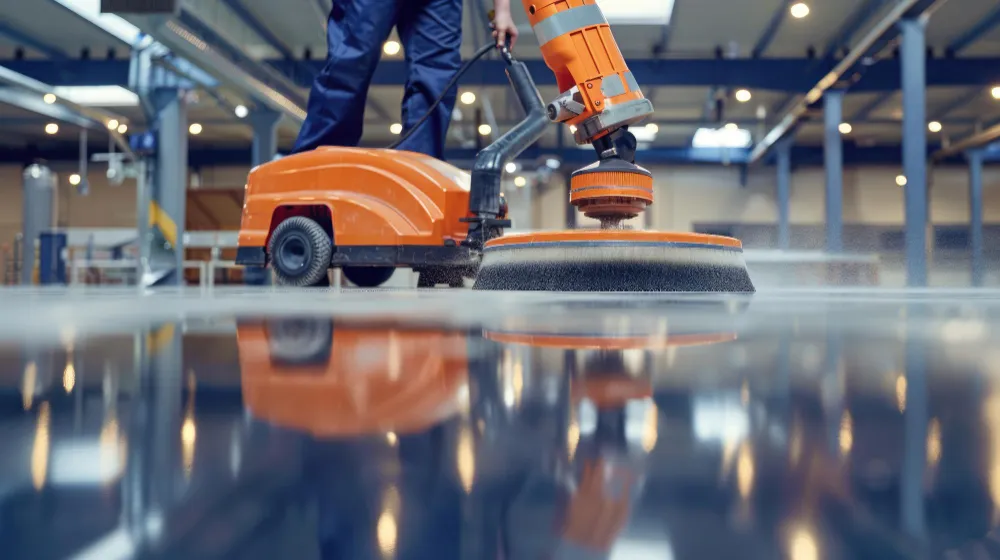 Reinigungskraft poliert großen Industrieboden mit professioneller Bodenreinigungsmaschine für glänzende Oberflächen.