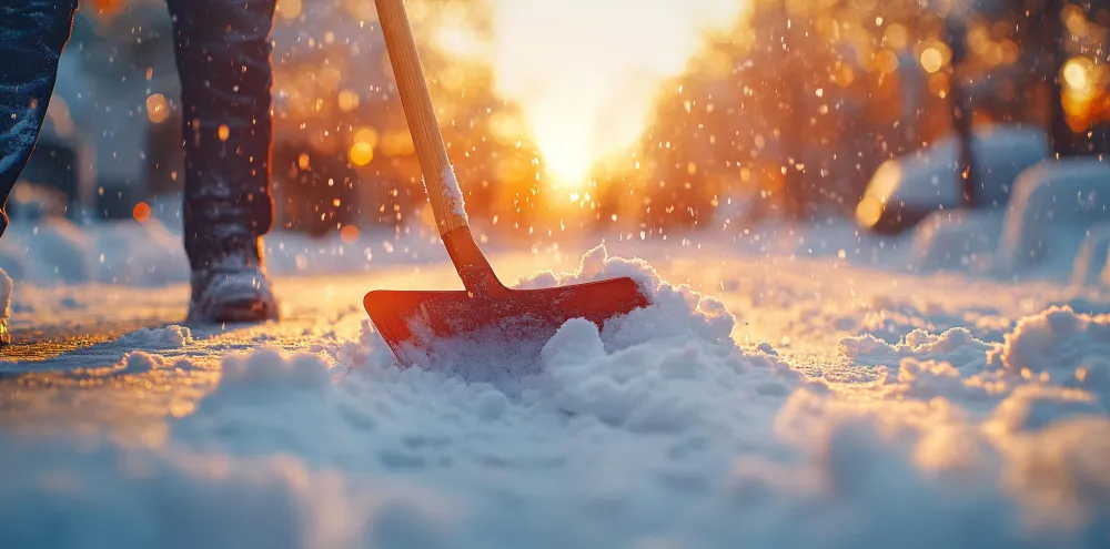 Schneeschaufel bei Sonnenuntergang räumt Schnee von einem verschneiten Gehweg