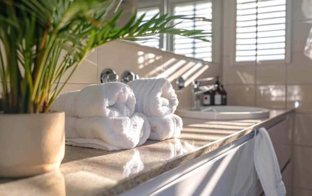 Handtücher liegen in einem Bad in einem Hotel neben einer grünen Pflanze