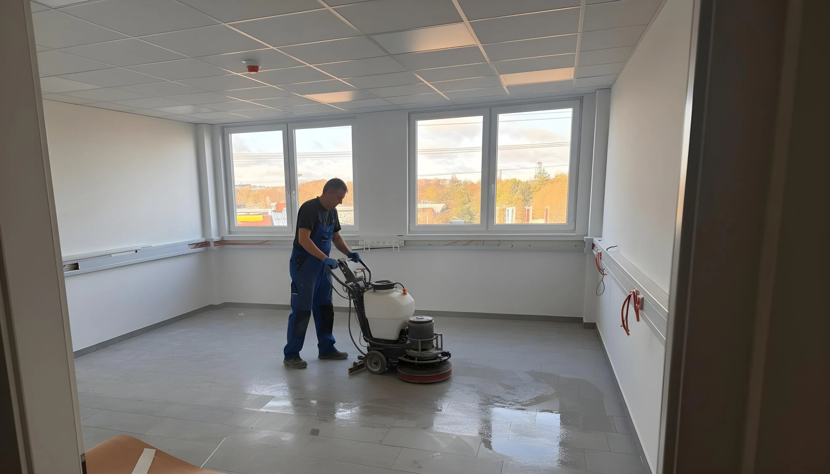 Reinigungskraft verwendet umweltfreundliche ökologische Reinigungsmittel in modernem Hamburger Bürogebäude