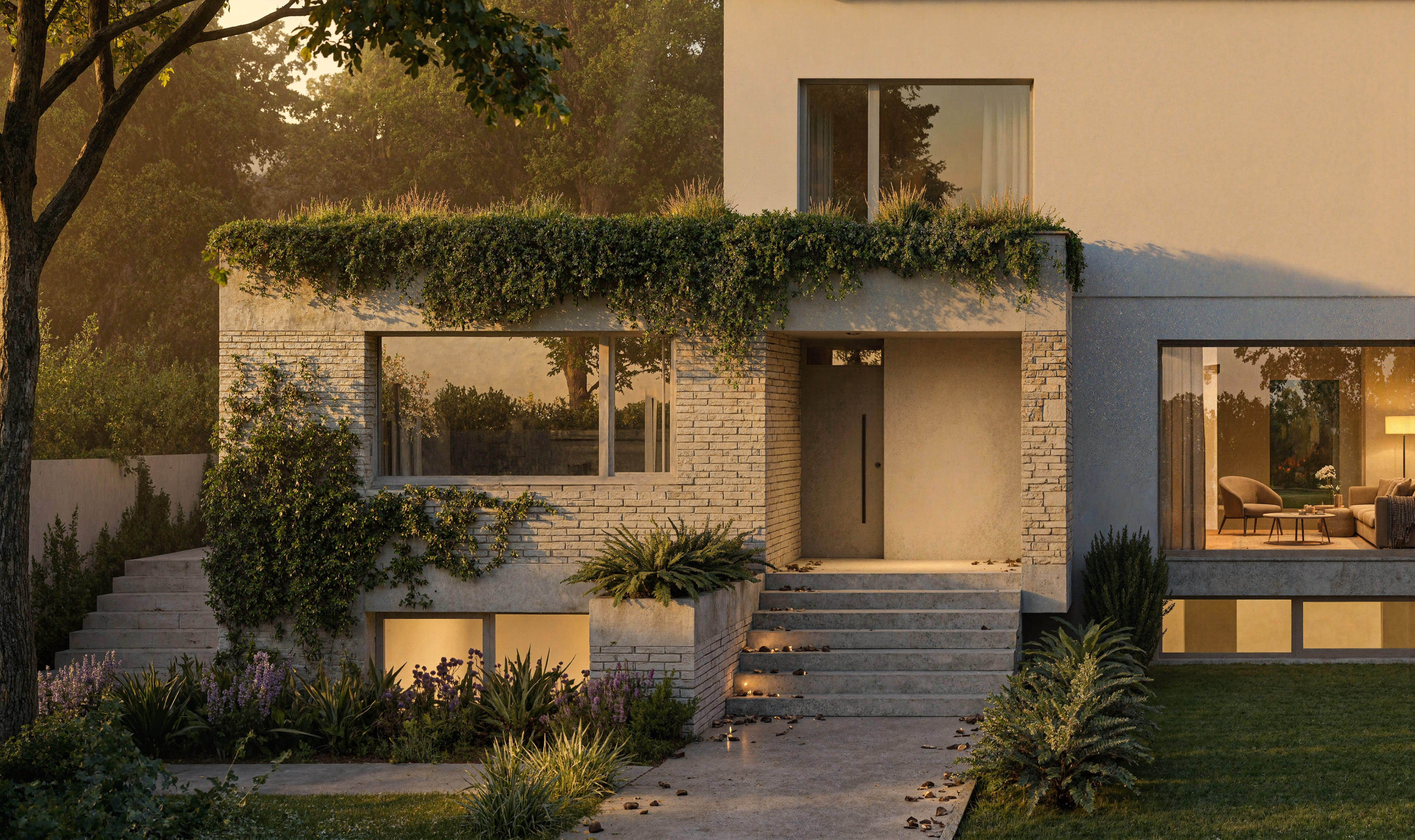 Elewacje zaprojektowano z dbałością o modernistyczny charakter budynku.
Forma pozostała prosta i oszczędna, a użyte materiały podkreślają ponadczasowość architektury:
– jasny tynk na głównej bryle,
– szara cegła jako akcent,
– stolarka oraz obróbki w kolorze jasnoszarym,
– delikatne podziały dopasowane do istniejących nadproży.
Wizualizacja przedstawia budynek, który zachowuje swoją pierwotną estetykę, a jednocześnie zyskuje nową lekkość i współczesną jakość.
To projekt, który nie dominuje nad historią domu — lecz ją rozwija, z szacunkiem i wyczuciem.