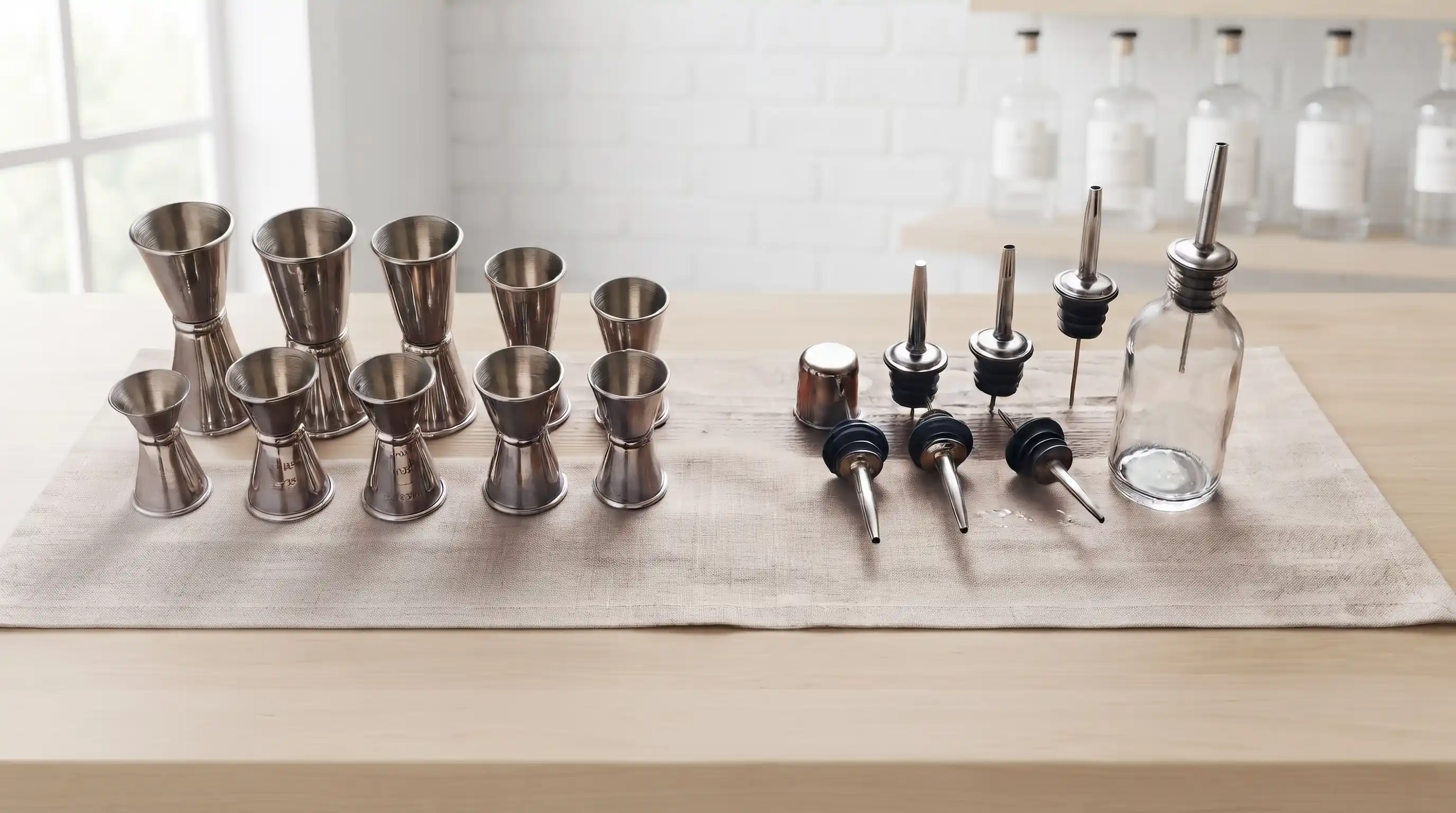 Jiggers doseurs en inox et becs verseurs de bar disposés sur un comptoir clair pour la création de cocktails