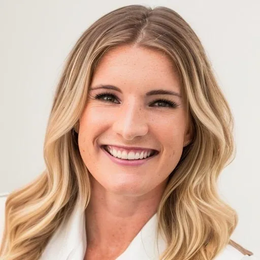 Smiling young woman with long blonde wavy hair wearing a white shirt against a light background.