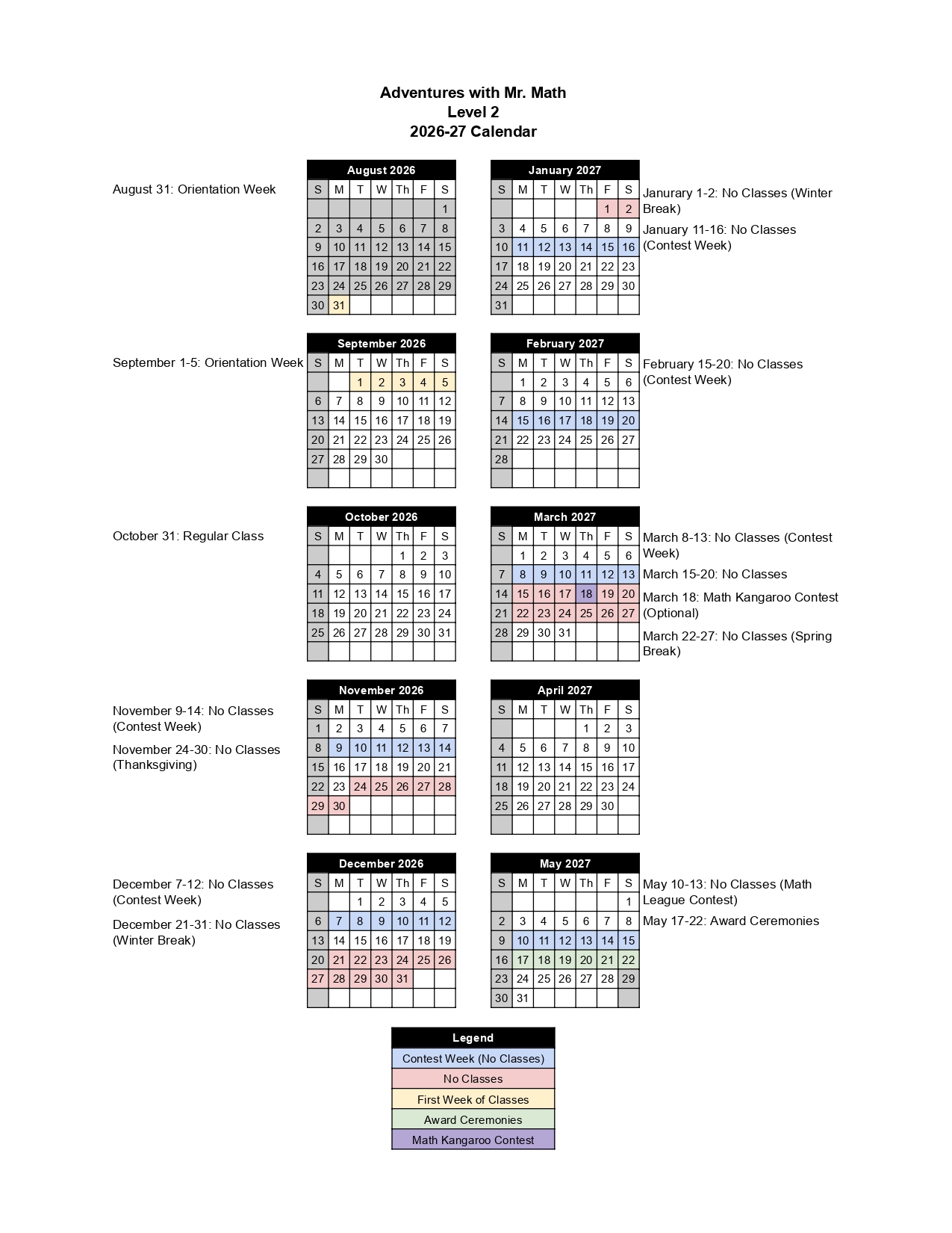 2026-27 Level 2 Mr. Math calendar showing months with contest weeks, no classes, breaks, and events.