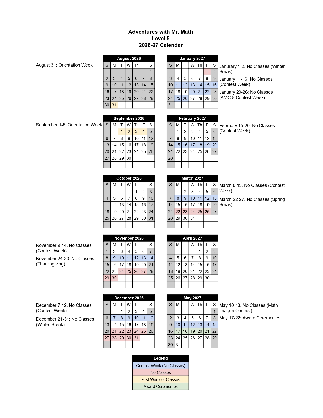 2026-27 Adventures with Mr. Math Level 5 calendar showing months, no-class days, contests, and ceremonies.