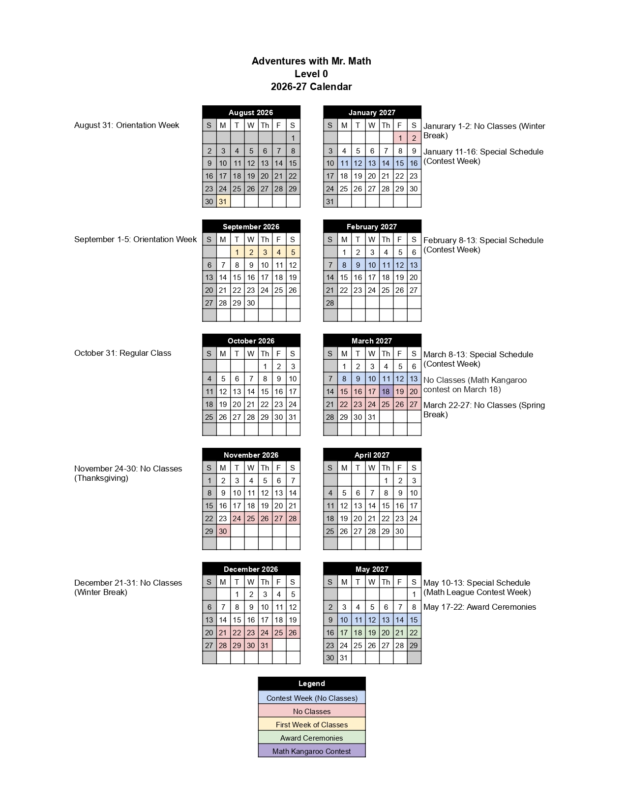 2026-27 calendar showing class schedule, contest weeks, breaks, orientation, and ceremonies in monthly grids.