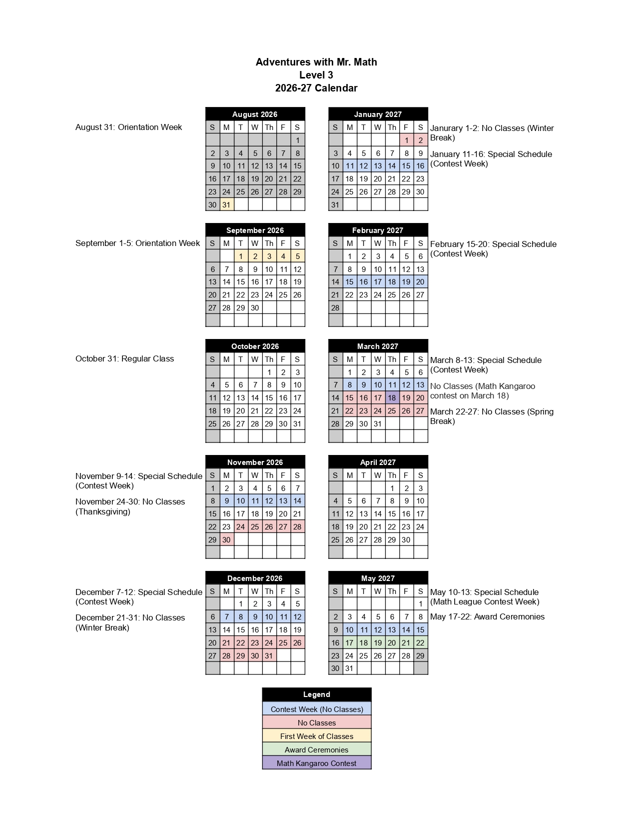 2026-27 Level 3 calendar with dates for classes, contest weeks, breaks, award ceremonies, and contests color-coded.