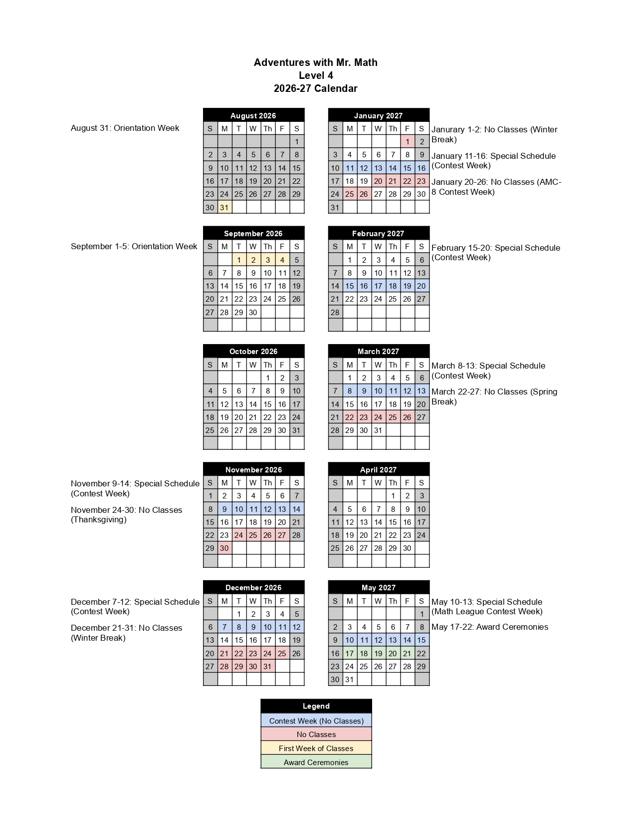 2026-27 Adventures with Mr. Math Level 4 calendar with marked weeks for classes, breaks, contests, and ceremonies.