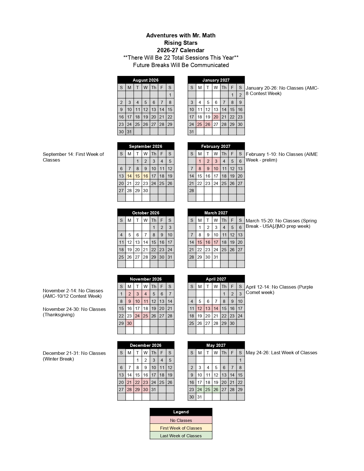 2025-2026 Adventures with Mr. Math Rising Stars calendar showing class no days and breaks.