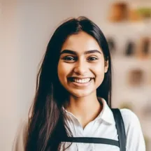 Smiling young woman with long dark hair wearing a white shirt and apron in a blurred indoor setting.