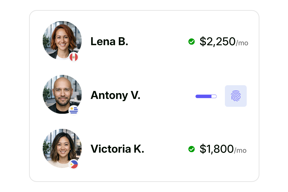 User list showing Lena B. from Peru with $2,250 per month and verified status, Antony V. from Uruguay with progress bar and fingerprint icon, and Victoria K. from the Philippines with $1,800 per month and verified status.