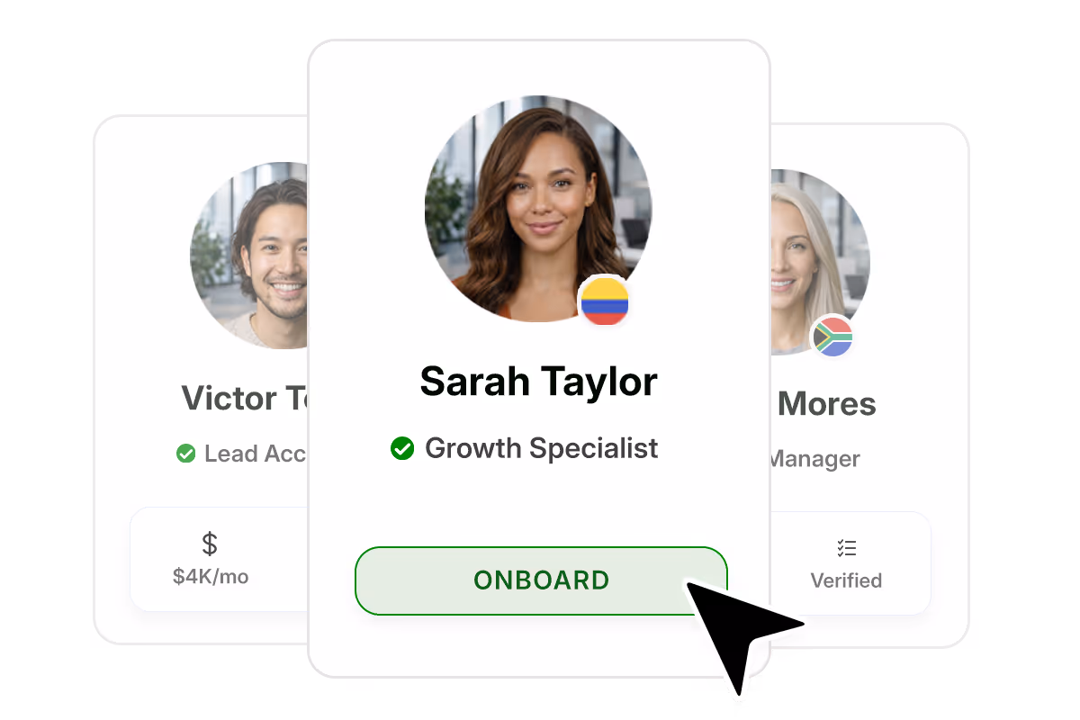 Profile cards of three professionals with photos, names, roles, and country flags; a cursor clicks the green 'ONBOARD' button under Sarah Taylor, Growth Specialist.