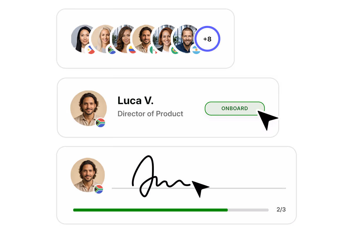 User interface showing profile images with country flags, Luca V. as Director of Product with onboarding status, and his digital signature with a progress bar at 2 out of 3.