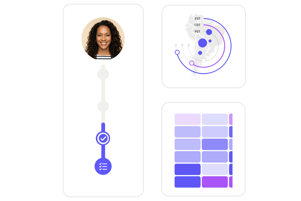 Profile picture of a smiling woman above a vertical progress bar with check and list icons, alongside two charts showing time zones and a color-coded schedule grid.