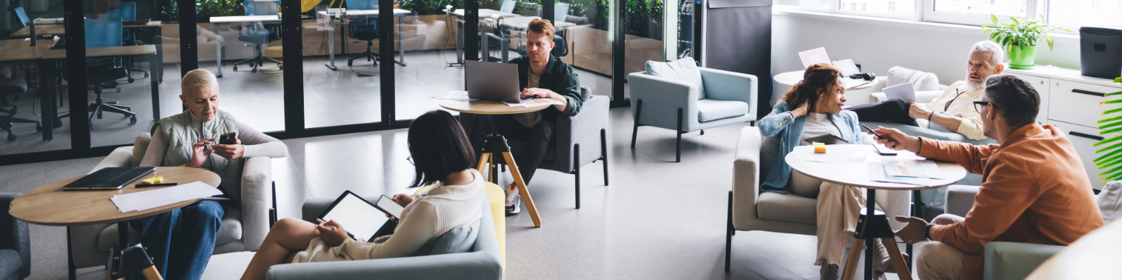 Modern office space with diverse professionals working collaboratively