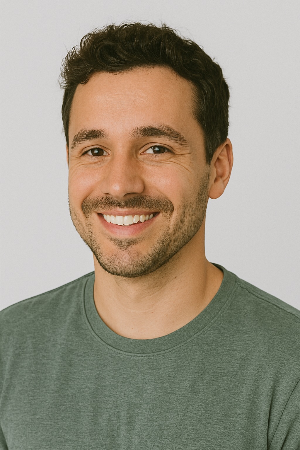 Smiling person in green shirt against neutral background