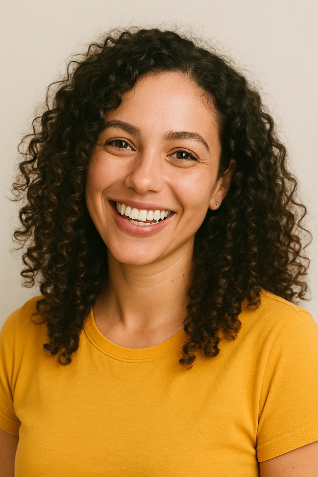 Woman with curly hair in yellow shirt smiling brightly at camera