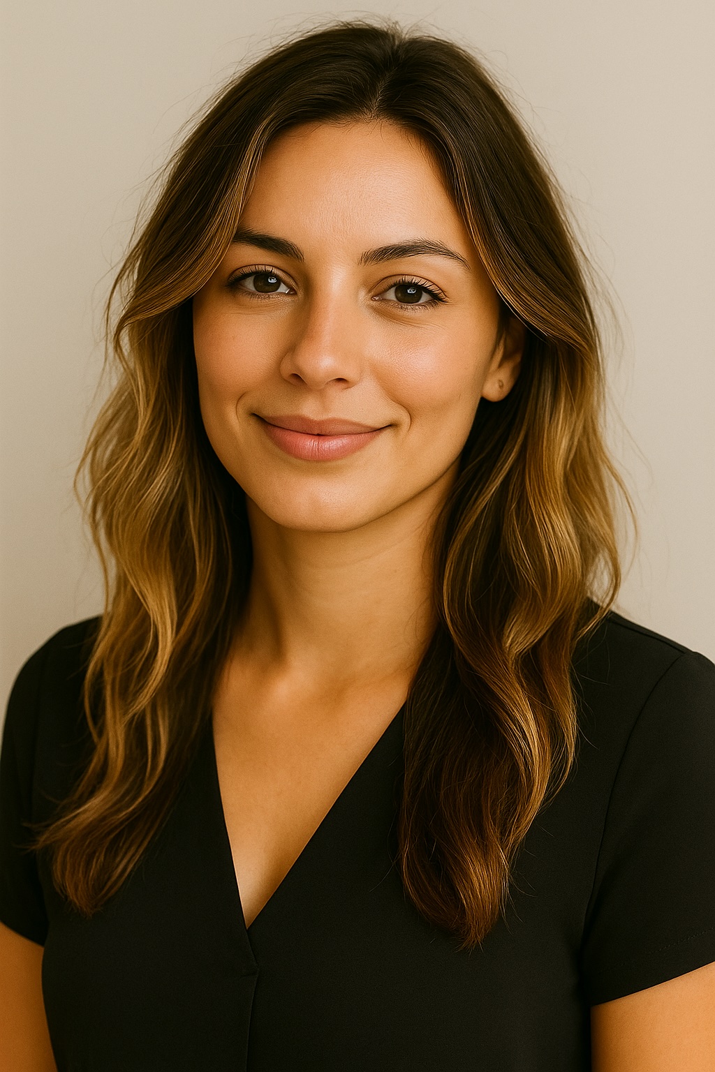 Woman with wavy hair in black top smiling warmly against neutral background