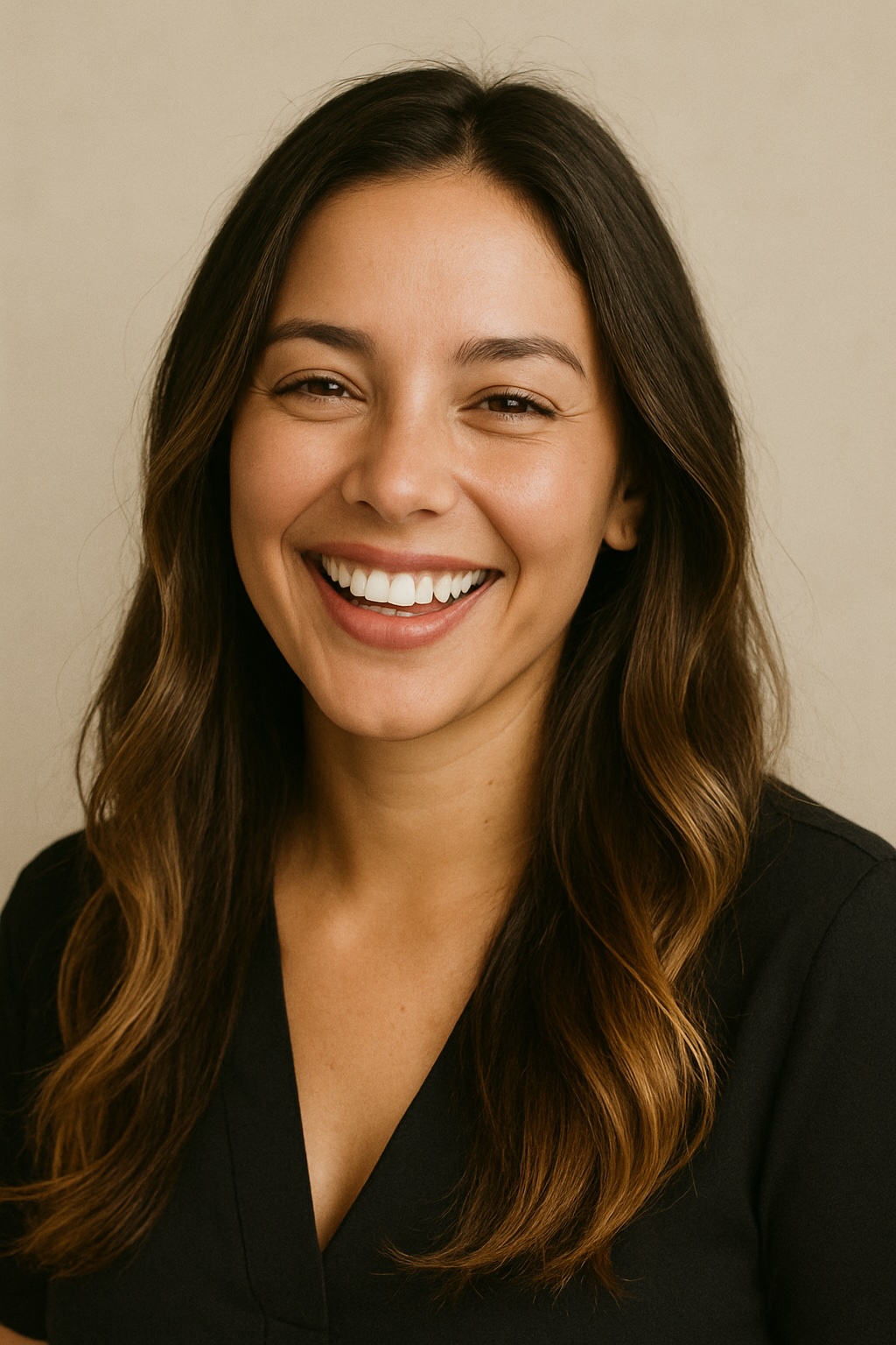 Woman in black shirt smiling brightly against neutral background