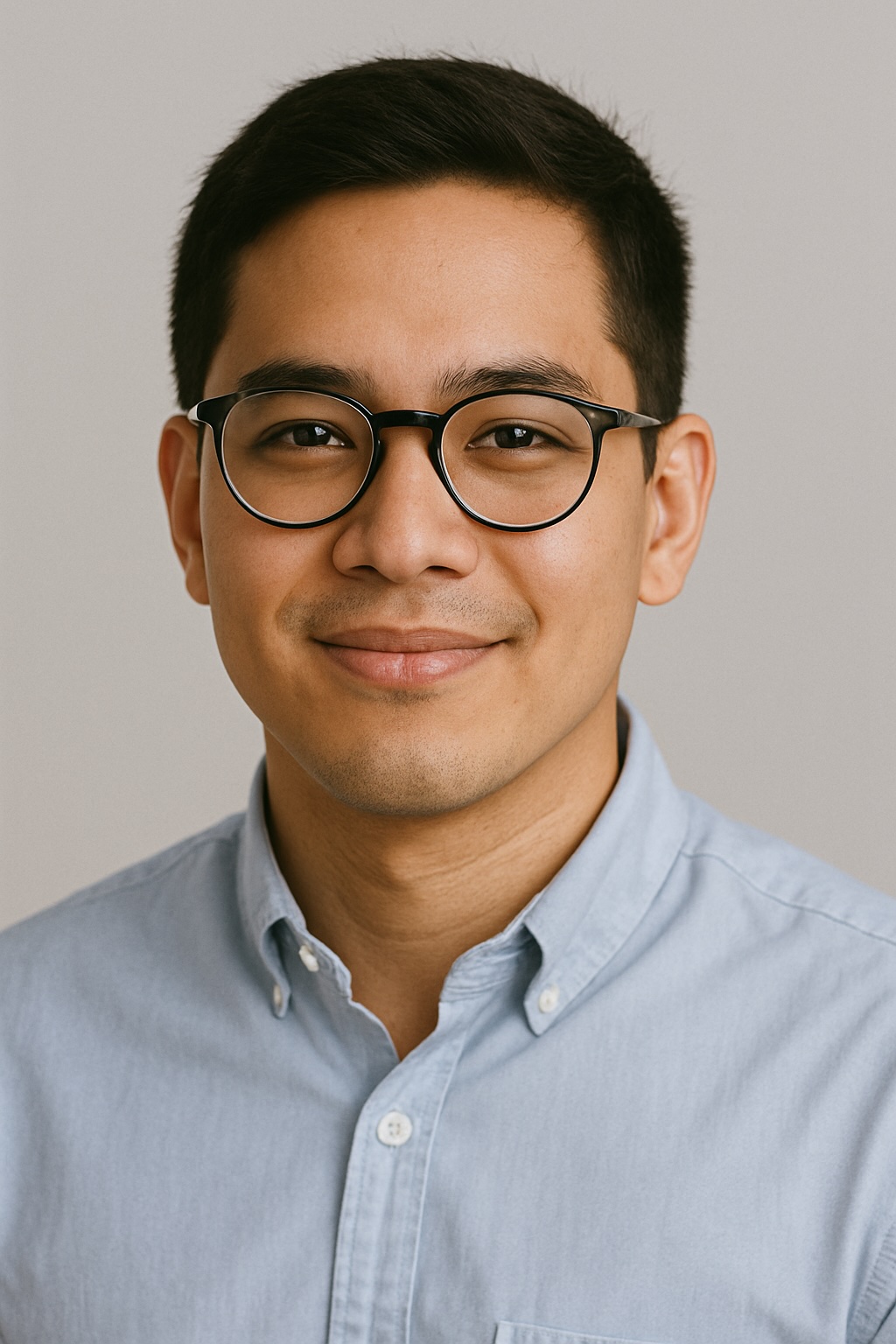 Smiling professional in glasses and blue shirt against neutral background