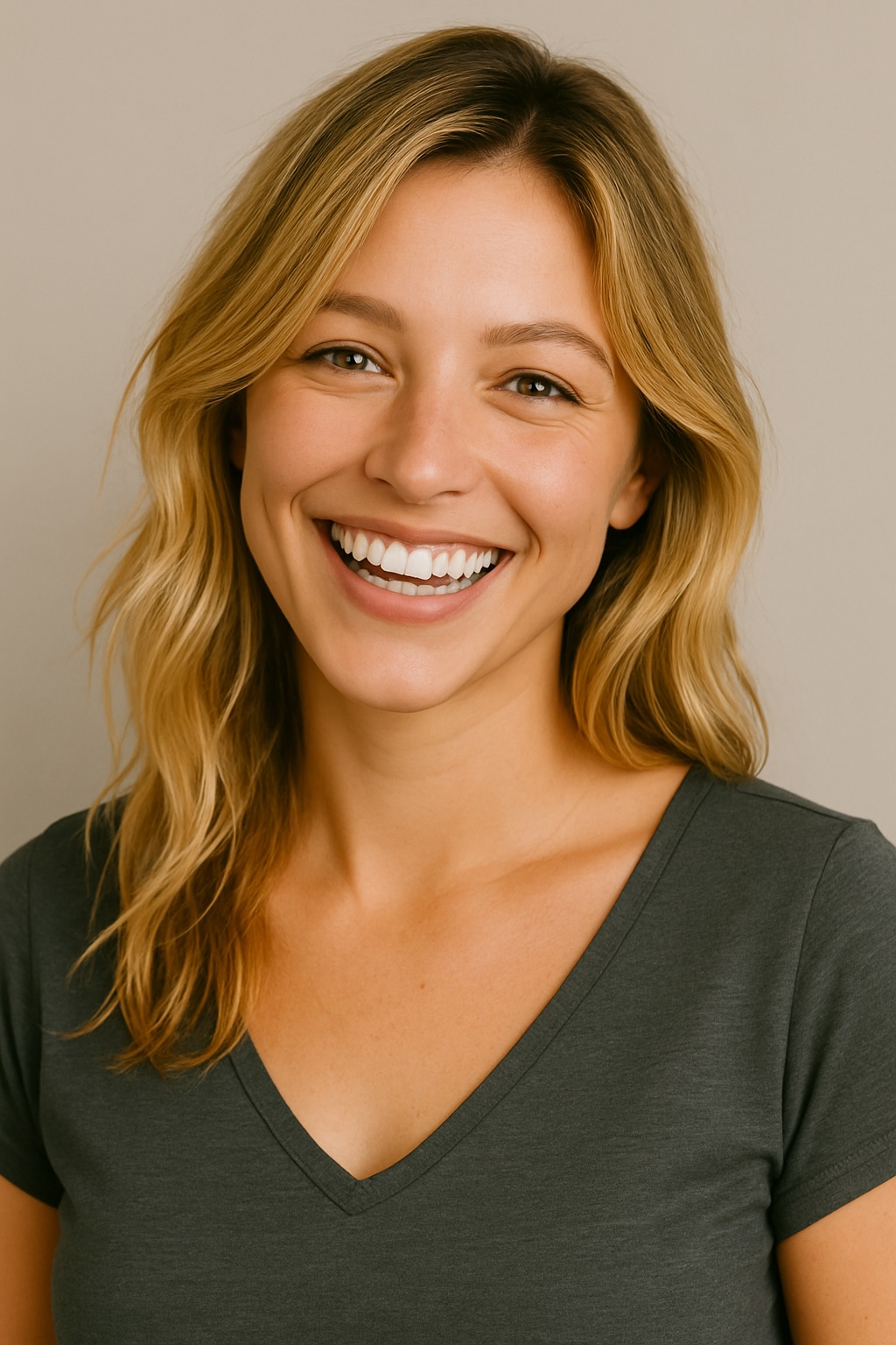 Woman with blonde wavy hair smiling brightly in gray v-neck shirt