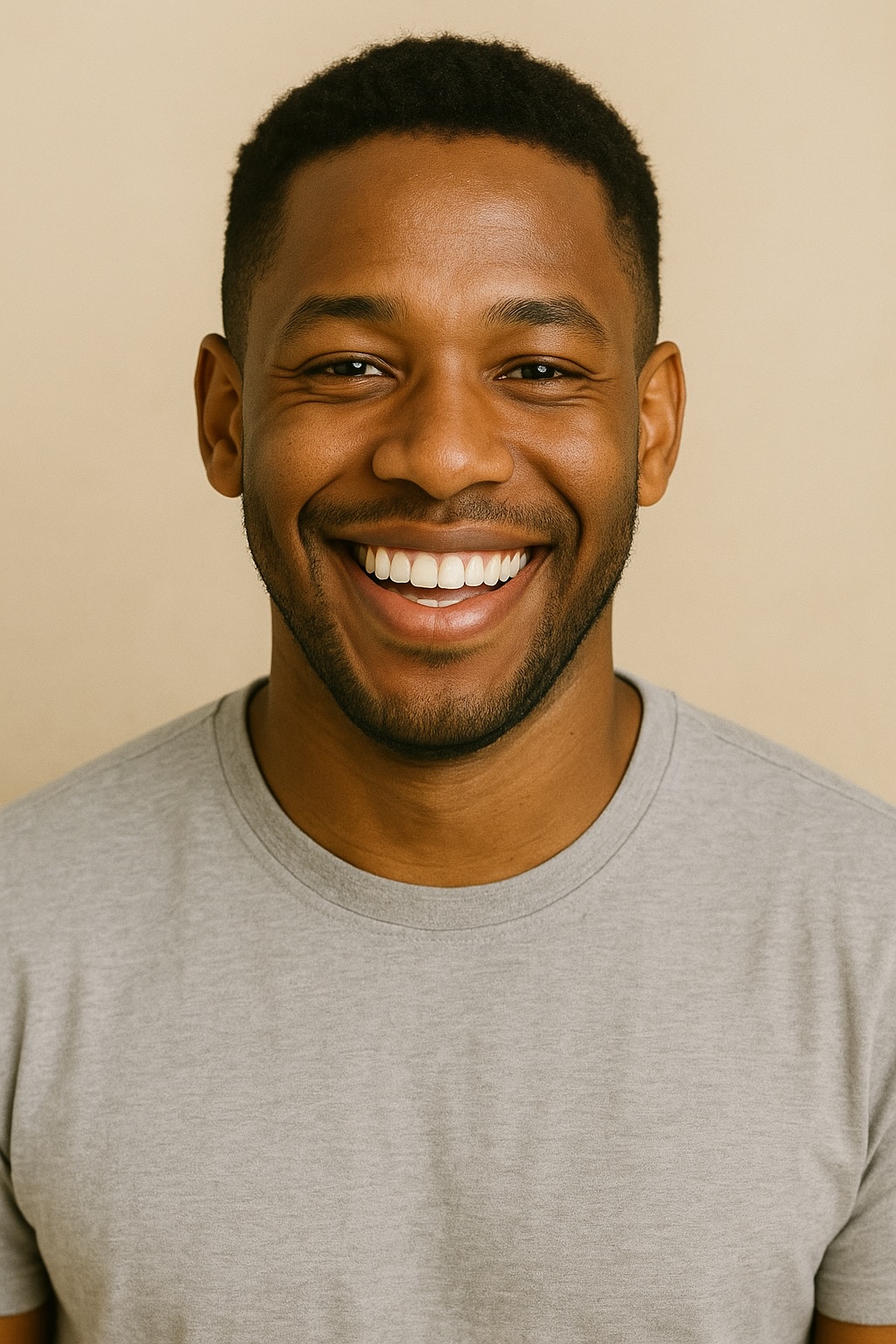 Person smiling brightly in gray shirt against neutral background