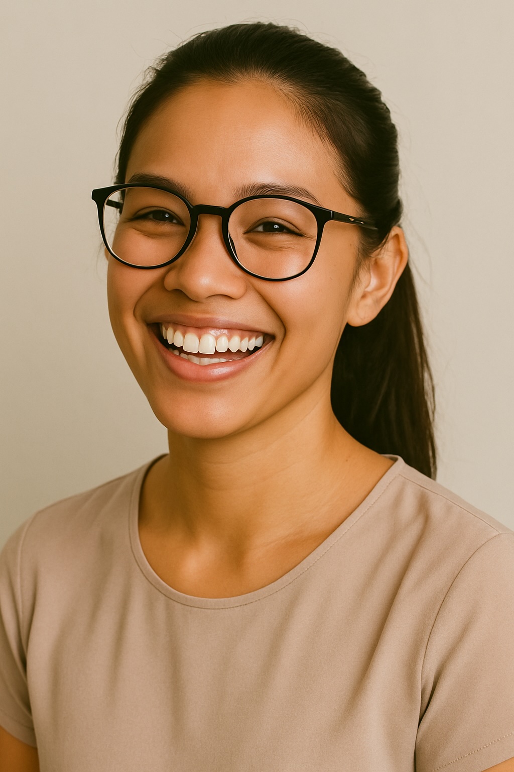 Smiling young professional in glasses wearing beige shirt