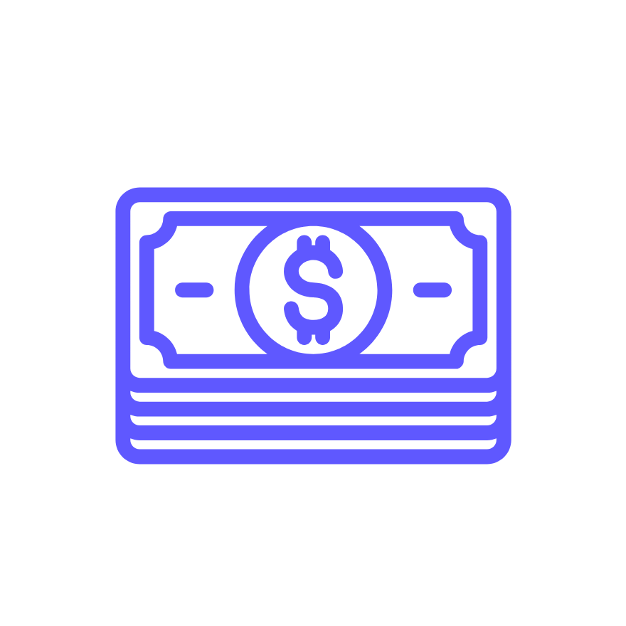 Stack of dollar bills with dollar sign in purple line art