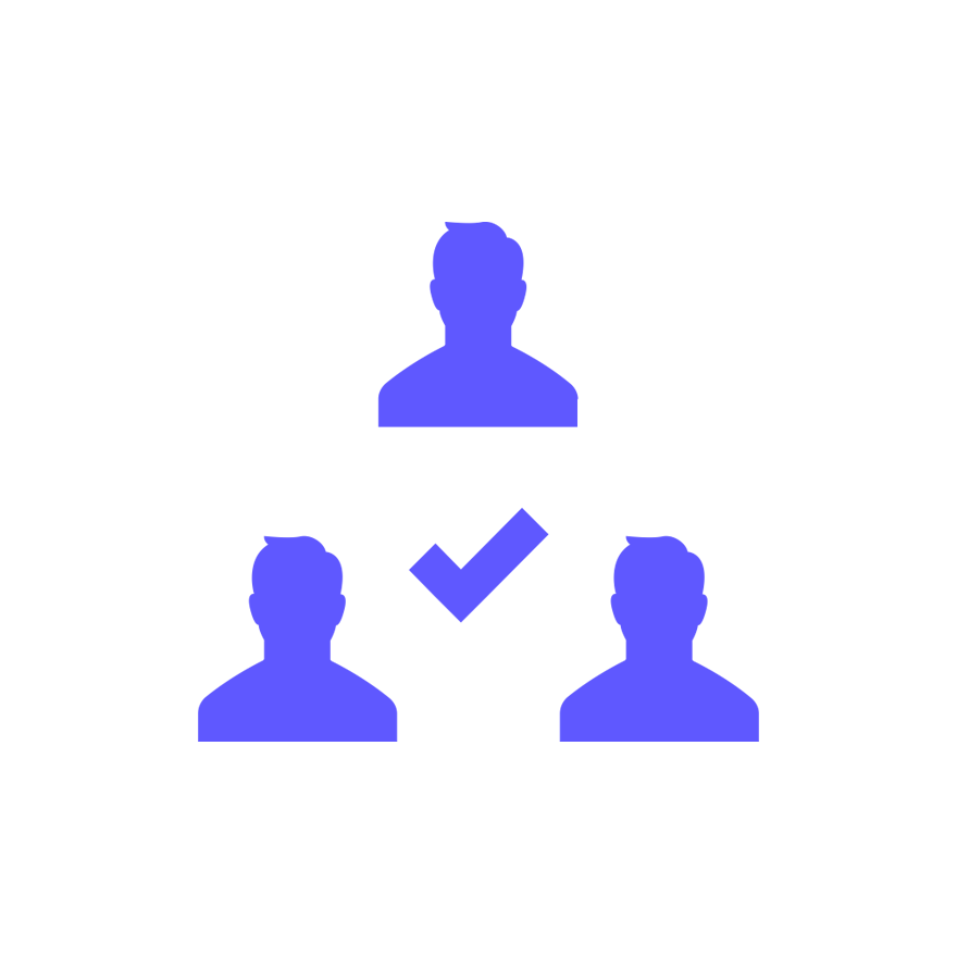 Three blue user silhouettes with checkmark, representing team verification