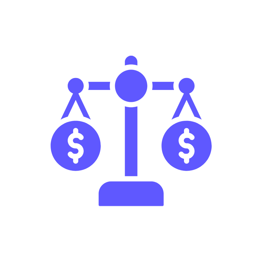 Balance scale with dollar signs representing financial equality or fairness