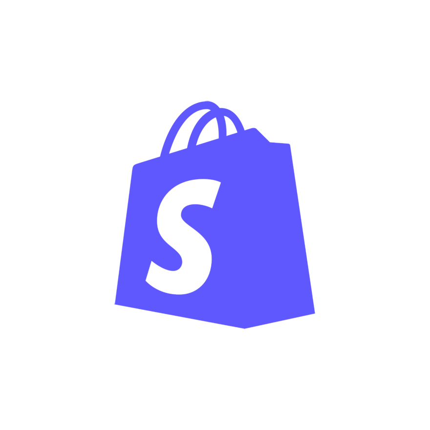 Shopify logo, blue shopping bag with white S