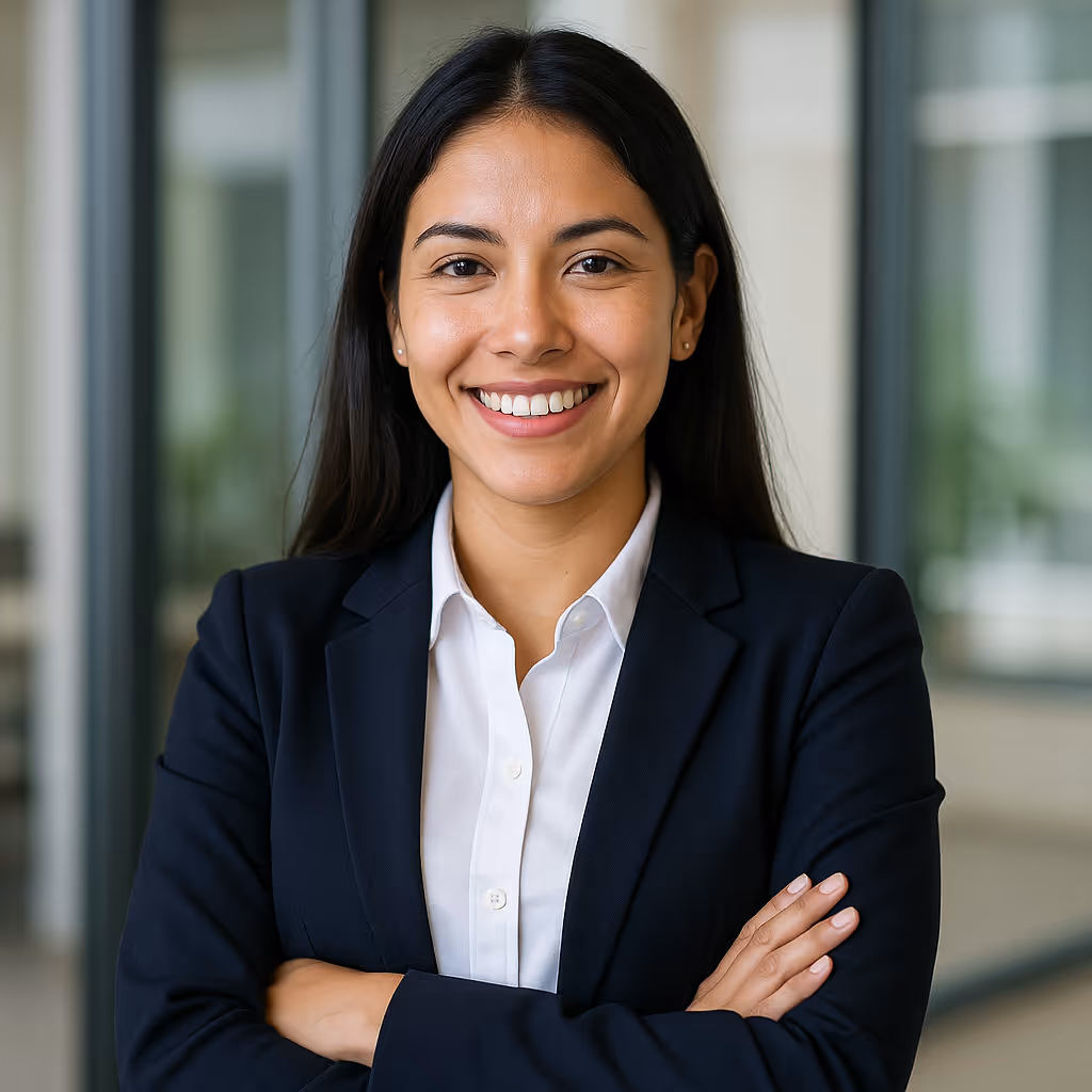 Smiling confident young woman in a navy blazer and white shirt standing with arms crossed in an office setting.