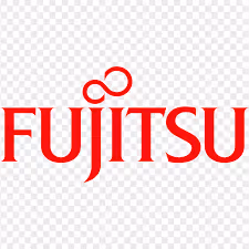 Fujitsu company name in red stylized text with an infinity symbol above the letter J.