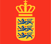 Coat of arms of Denmark featuring a golden crown above a shield with three blue lions and nine red hearts on a yellow background, set against a red field.