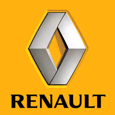 Silver Renault diamond-shaped logo above the word Renault on a yellow background.