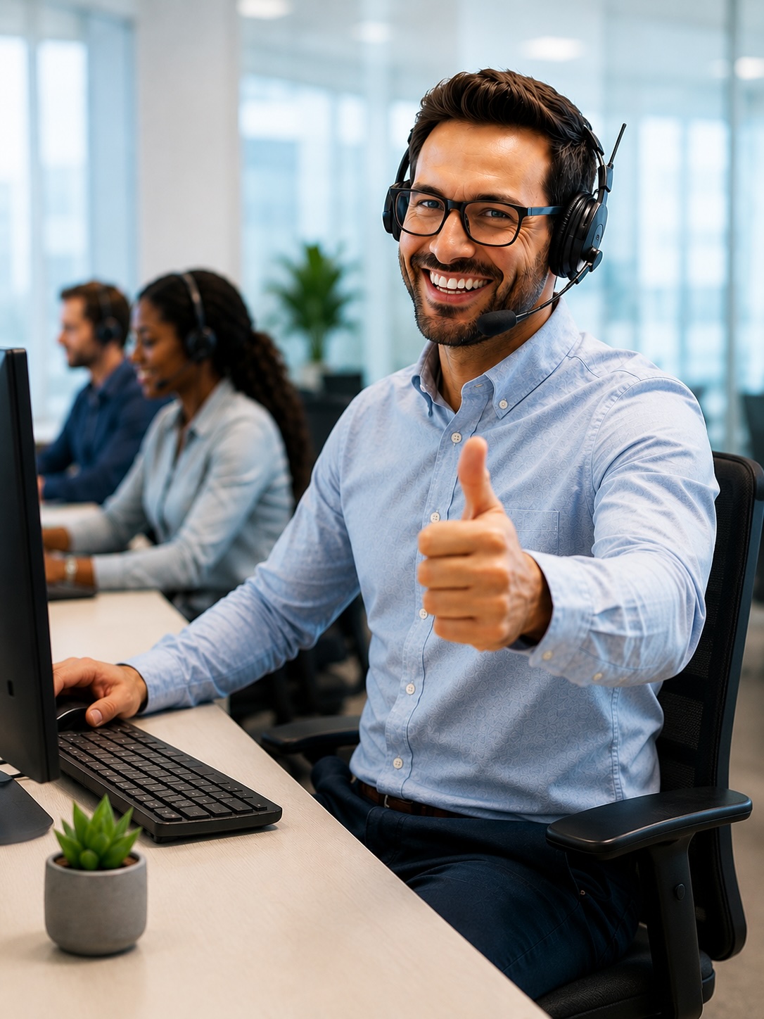 Agente de soporte técnico IT con auricular sonriente