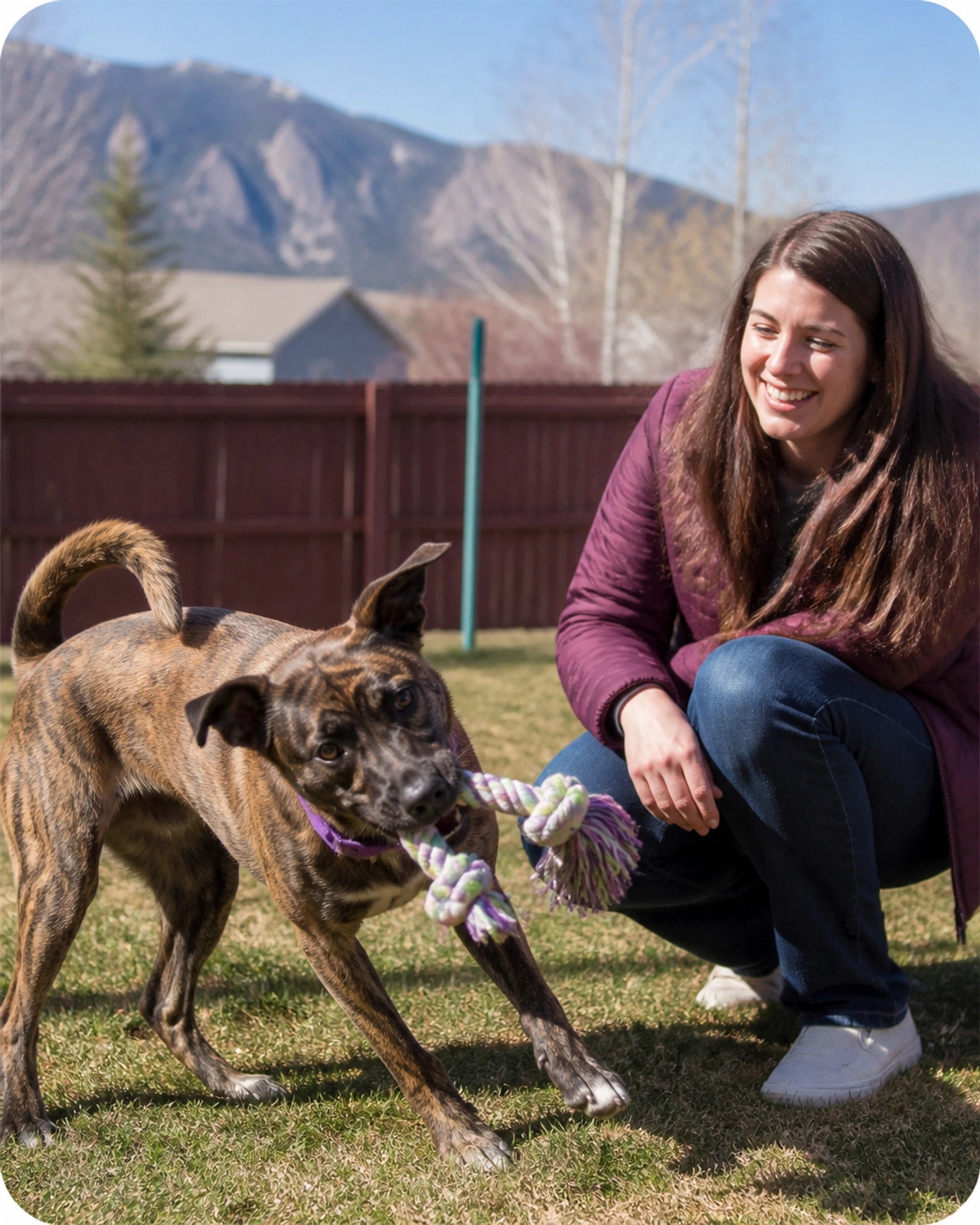 A dog owner and their new pup in an Arvada backyard, showing the dog's personality emerging during play in the 3-week phase.
