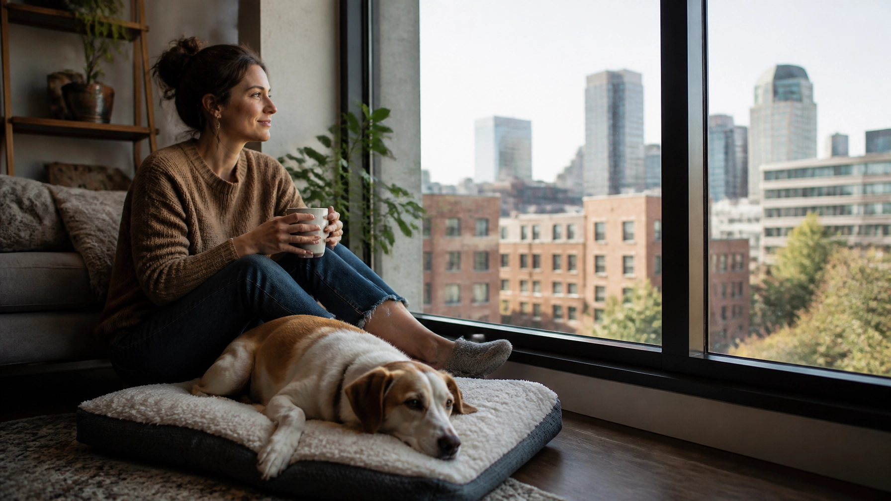 A calm dog and their owner relaxing together in a cozy Denver apartment by a window, with soft daylight and city buildings in the background