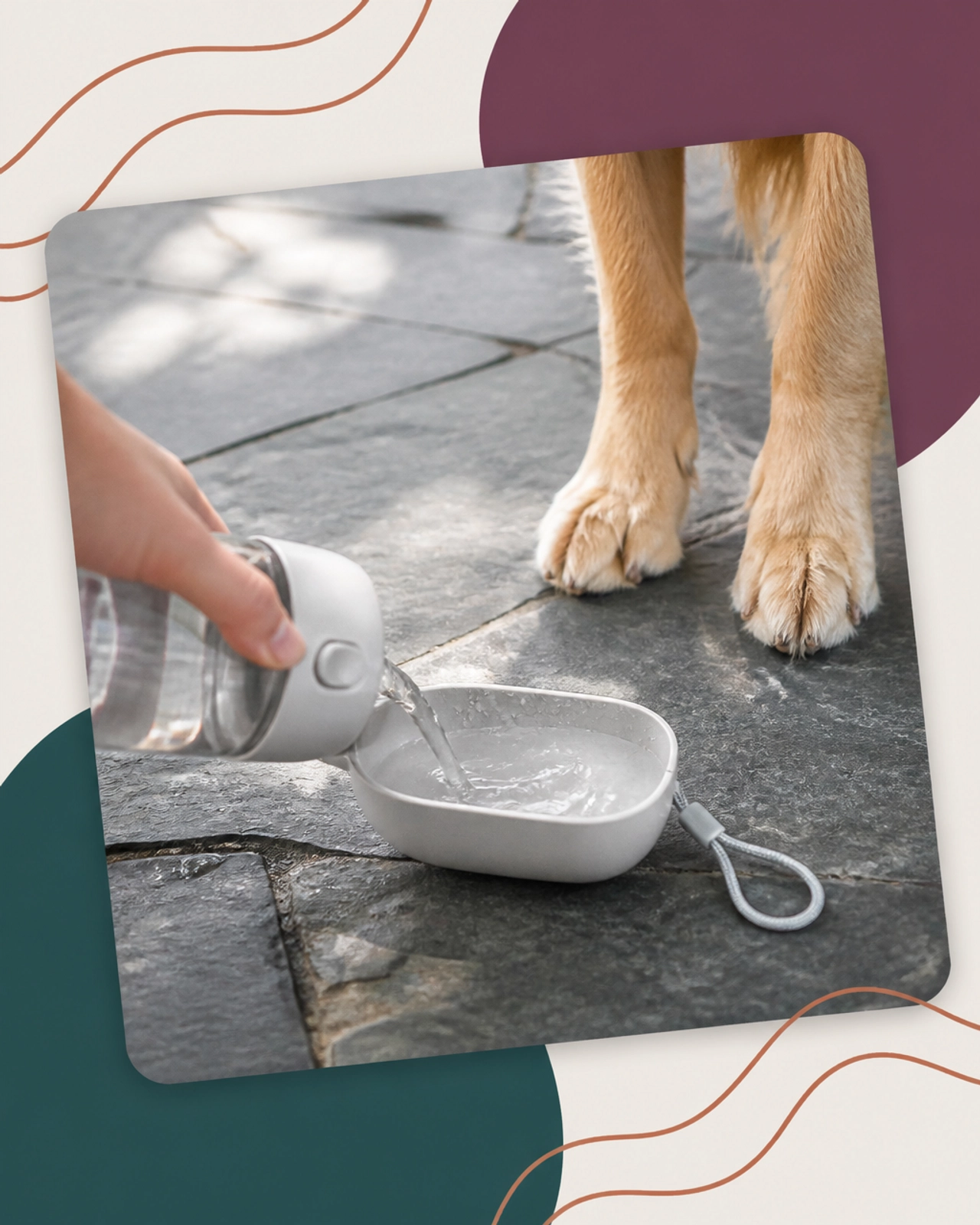 A travel water bottle and bowl being used on a shaded stone patio to keep a dog hydrated.