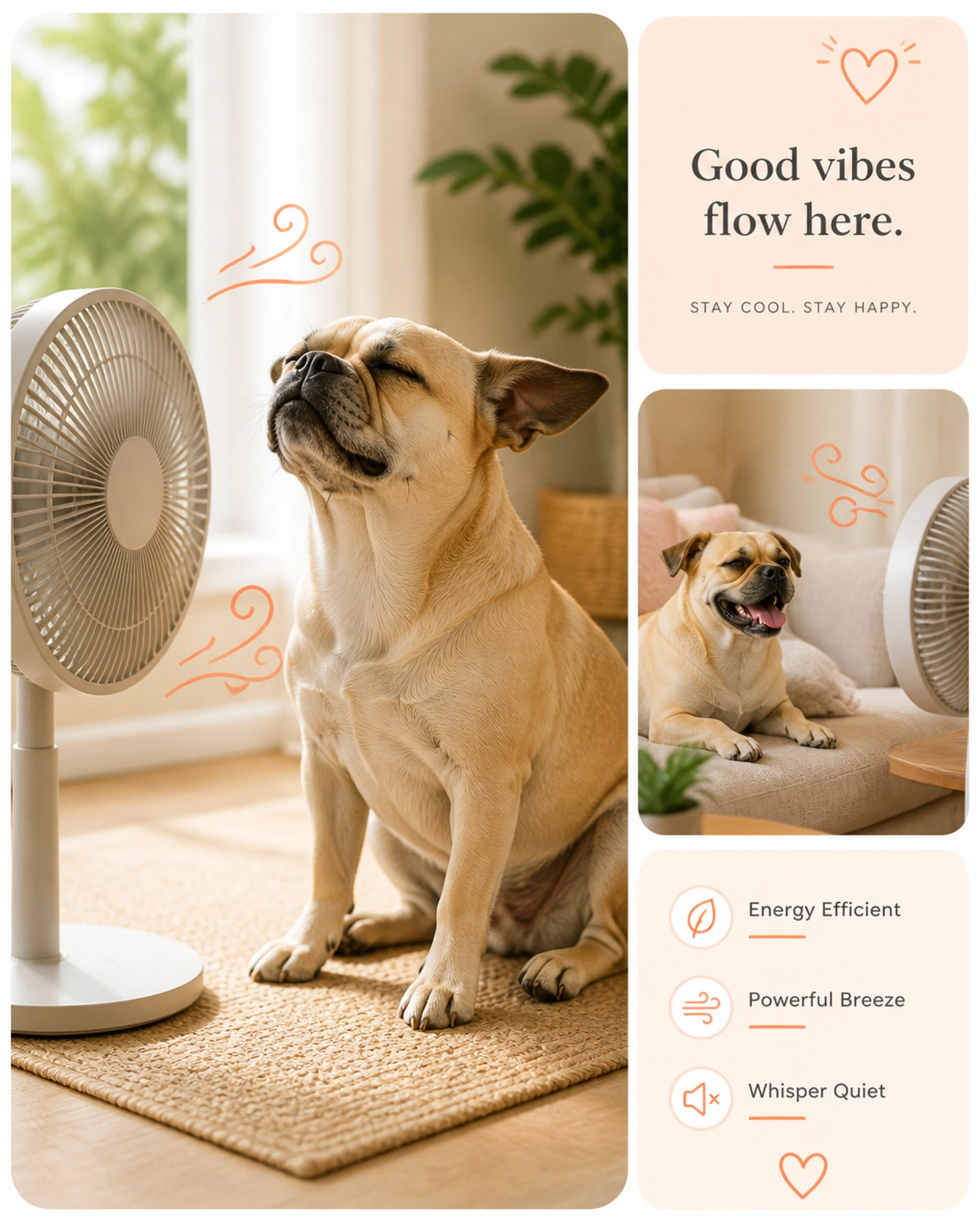 A dog resting indoors in front of a fan to stay cool during a hot Denver afternoon.