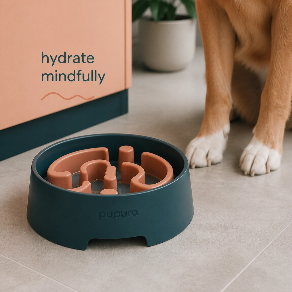 A modern dog slow-feeder bowl on a clean floor, a helpful tool for preventing rapid gulping of food and air.