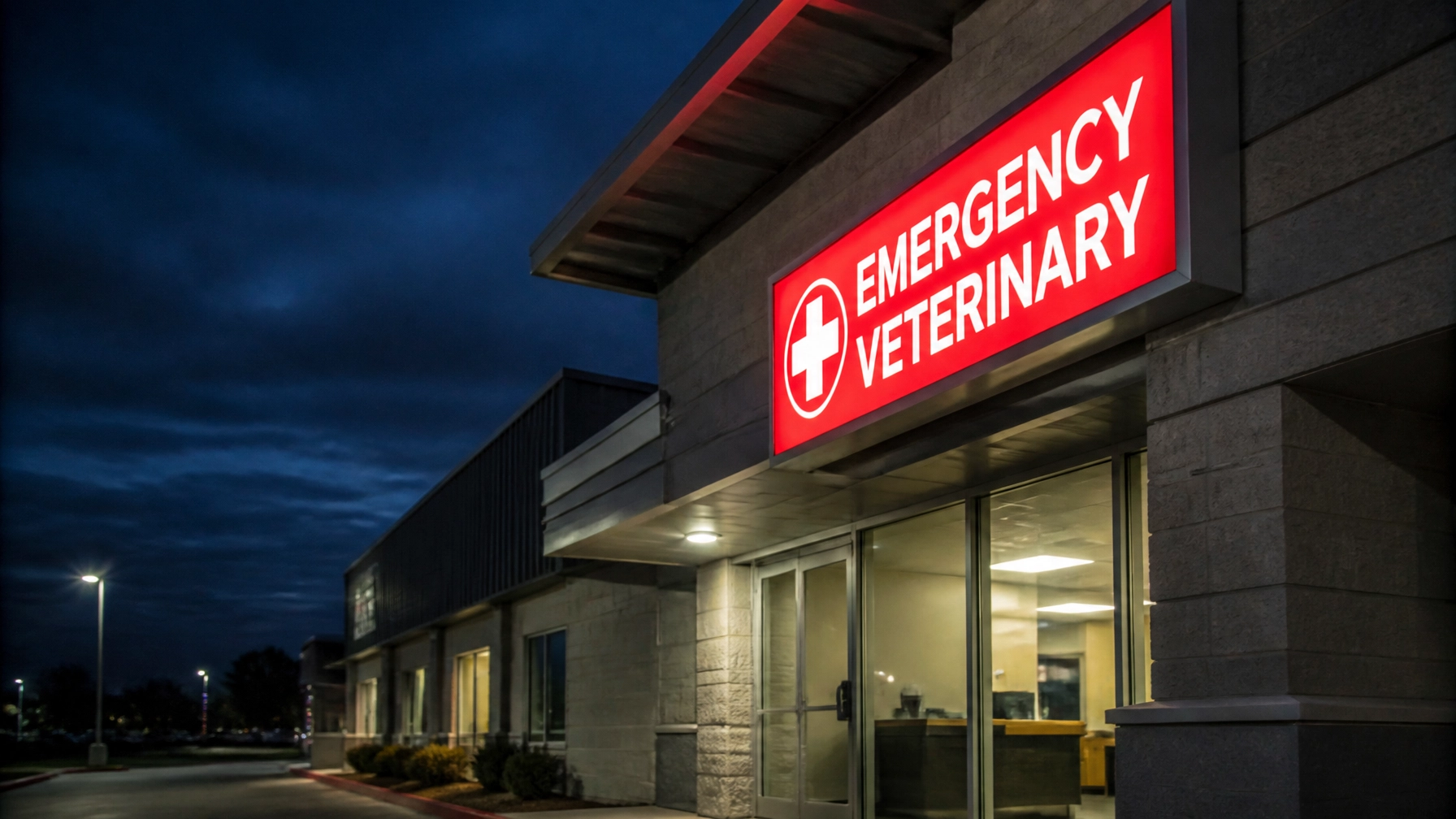 An emergency veterinary hospital exterior and sign, reinforcing the need to head straight to emergency care if bloat is suspected.