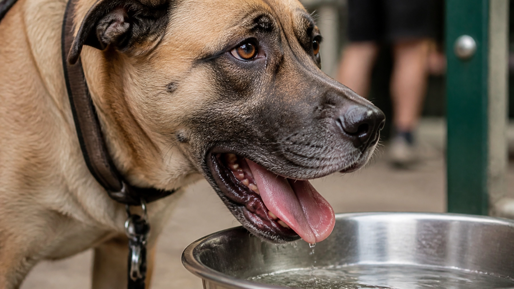 A heavily panting dog in a serious moment near water, showing the risky post-hike gulp scenario after exercise.