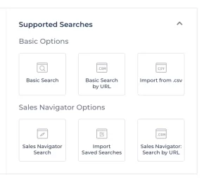 Options for supported Sales Navigator searches. Buttons that say 'sales navigator search', 'import saved searches', and 'sales navigator: search by URL'