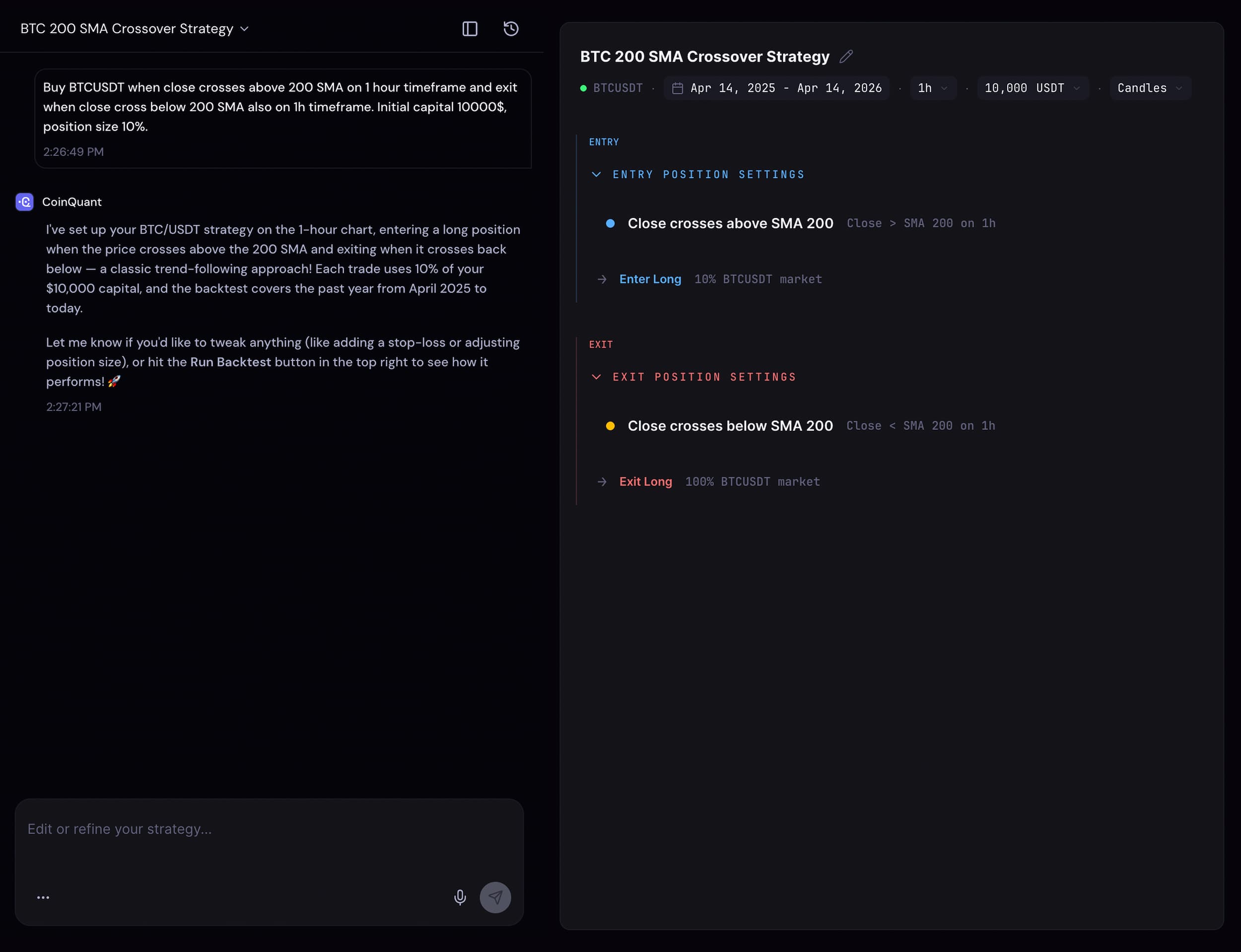 UI snippet showing chat-to-strategy builder