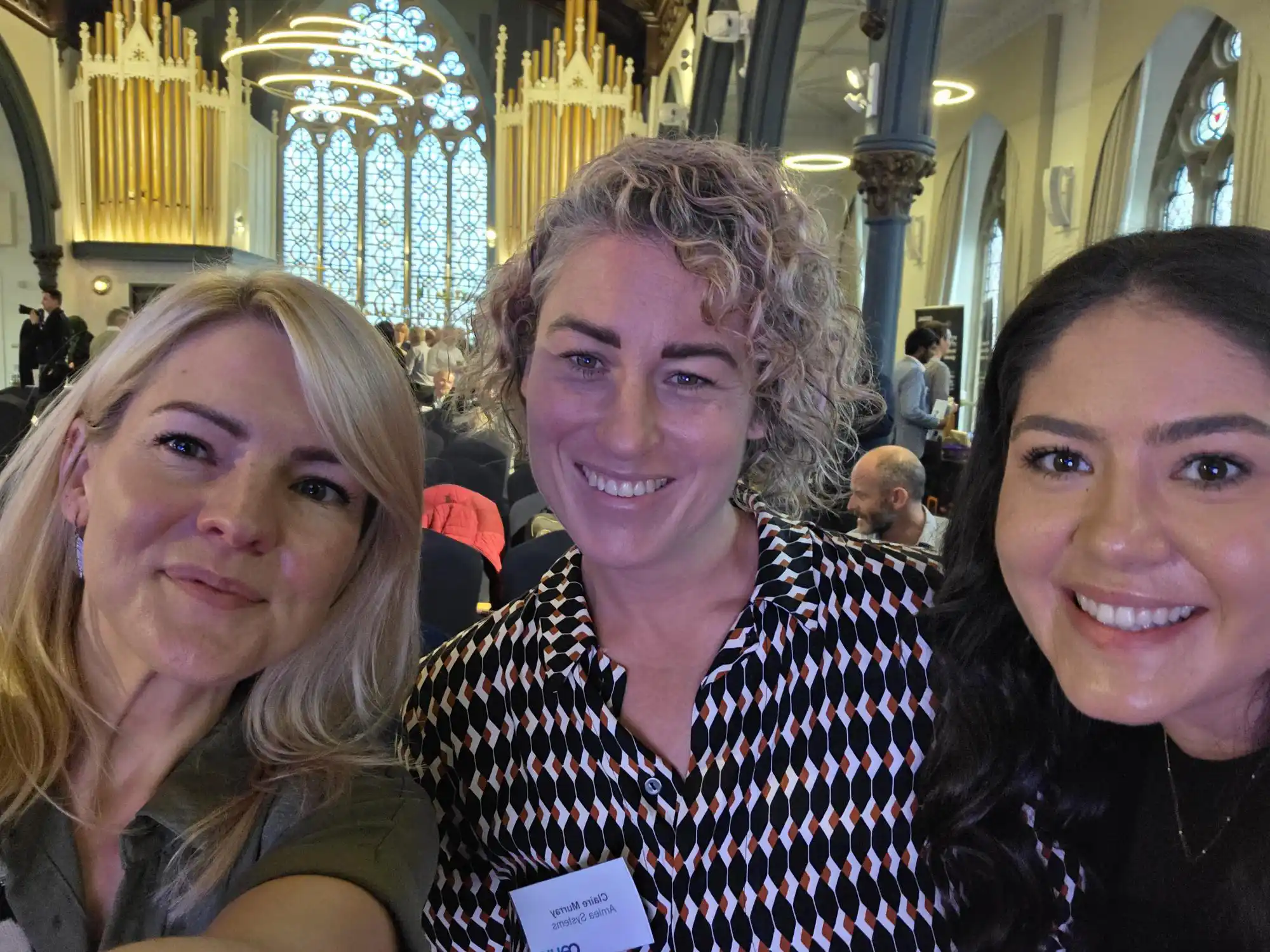 Arnlea representatives Claire Murray, Kailee Hoffman, and Jen Hughes attending the Offshore Energies UK Data & Digital Conference 2025 at Union Kirk in Aberdeen.