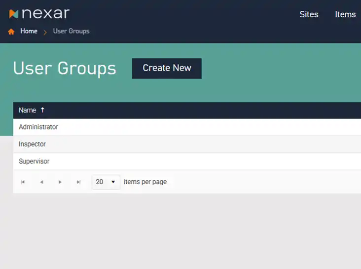 Screenshot of Arnlea’s Nexar software showing the “User Groups” page with three roles listed: Administrator, Inspector, and Supervisor, highlighting role-based access management.