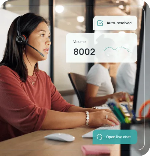 Woman wearing headset working at a computer with customer support interface showing volume 8002 and auto-resolved status.