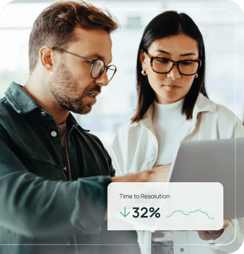 Two people wearing glasses looking at a laptop screen with a graphic showing a 32% decrease in time to resolution.